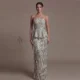 Elegant Gray Strapless Evening Dress with Scalloped Peplum Waist and Long Beaded Fringe
