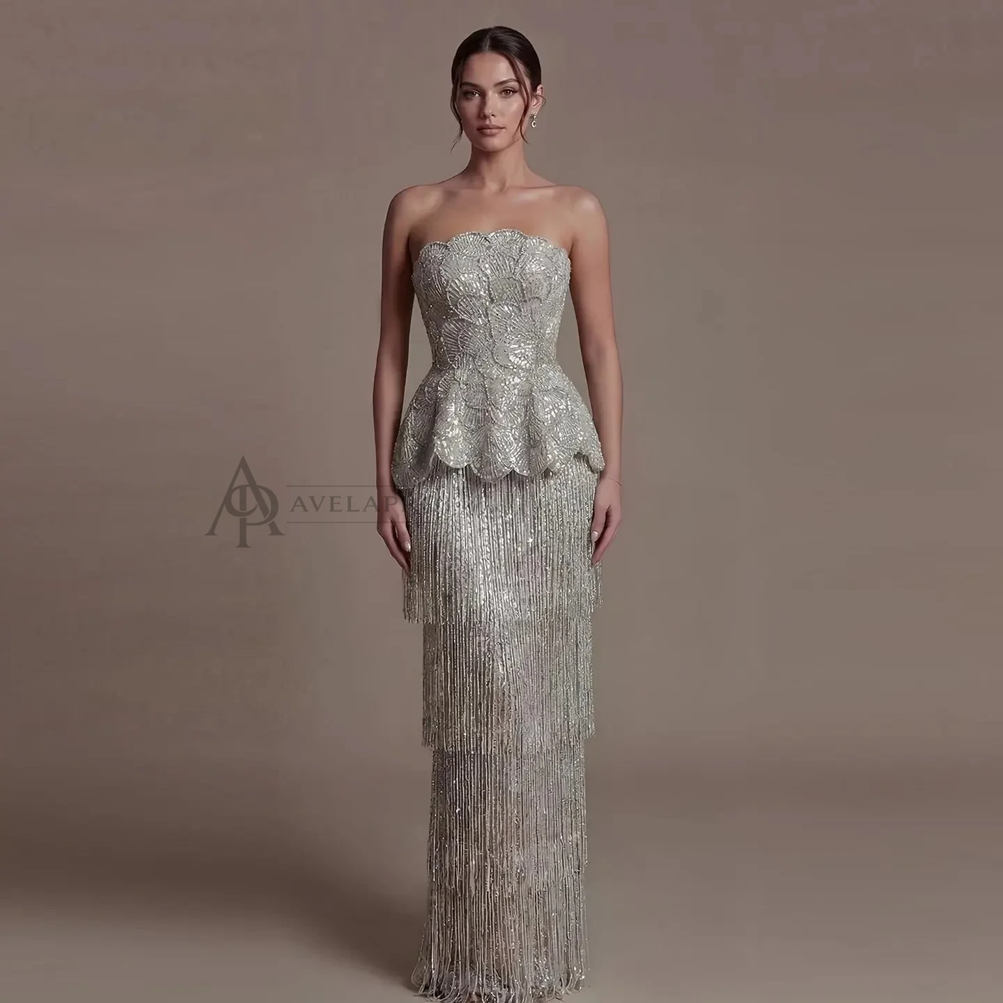Elegant Gray Strapless Evening Dress with Scalloped Peplum Waist and Long Beaded Fringe