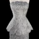 Elegant Gray Strapless Evening Dress with Scalloped Peplum Waist and Long Beaded Fringe