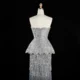 Elegant Gray Strapless Evening Dress with Scalloped Peplum Waist and Long Beaded Fringe