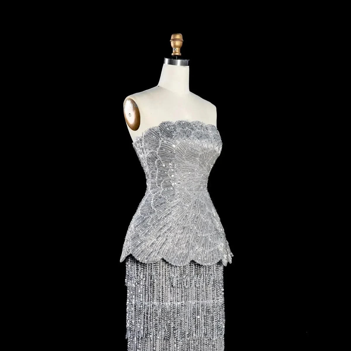 Elegant Gray Strapless Evening Dress with Scalloped Peplum Waist and Long Beaded Fringe