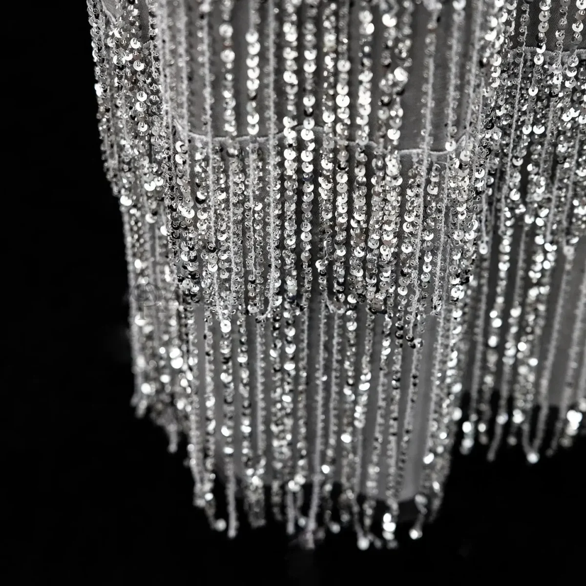 Elegant Gray Strapless Evening Dress with Scalloped Peplum Waist and Long Beaded Fringe