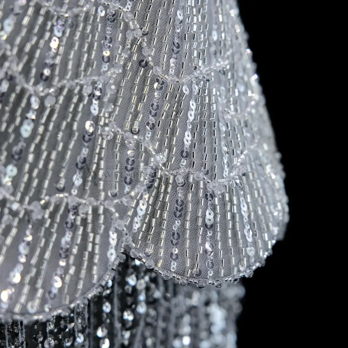 Elegant Gray Strapless Evening Dress with Scalloped Peplum Waist and Long Beaded Fringe