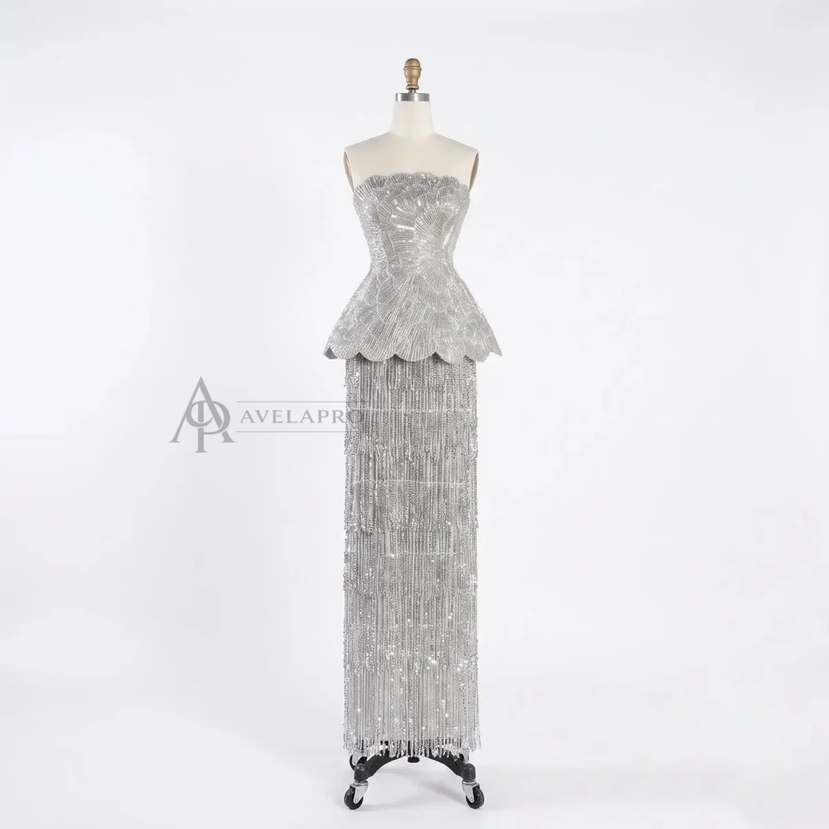 Elegant Gray Strapless Evening Dress with Scalloped Peplum Waist and Long Beaded Fringe