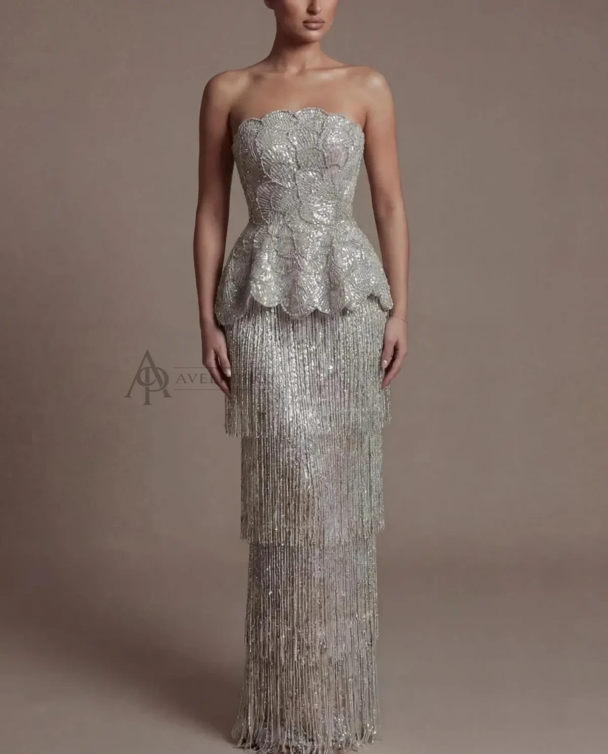 Elegant Gray Strapless Evening Dress with Scalloped Peplum Waist and Long Beaded Fringe