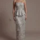 Elegant Gray Strapless Evening Dress with Scalloped Peplum Waist and Long Beaded Fringe
