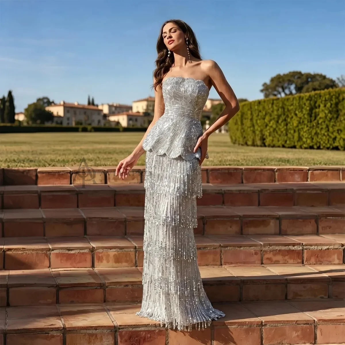 Elegant Gray Strapless Evening Dress with Scalloped Peplum Waist and Long Beaded Fringe