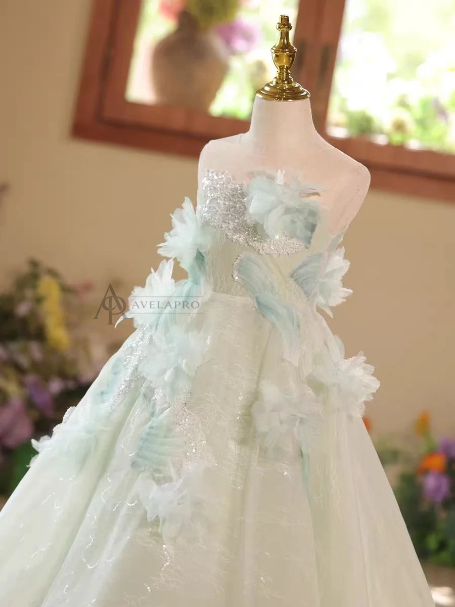Elegant Mint Green Princess Dress with Floral Details and Sparkling Tulle