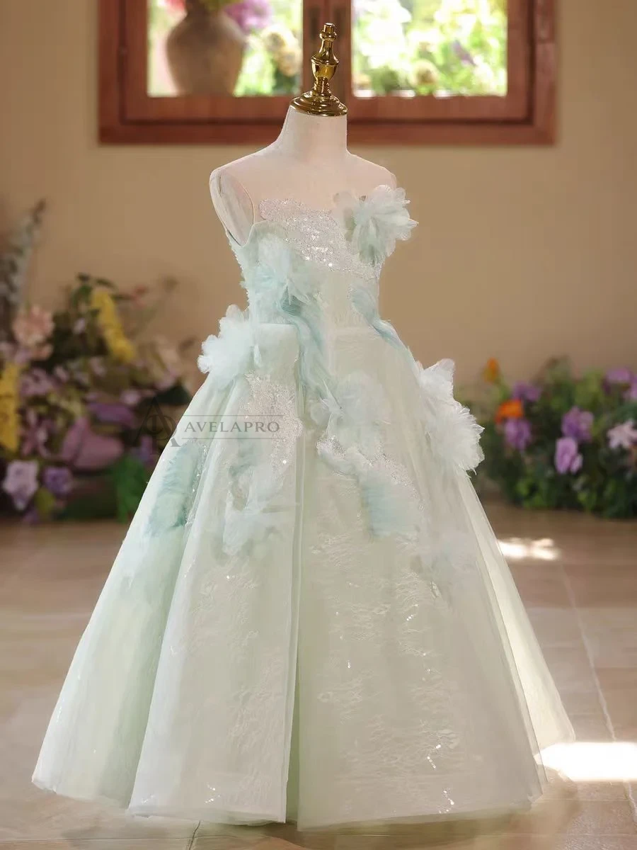 Elegant Mint Green Princess Dress with Floral Details and Sparkling Tulle