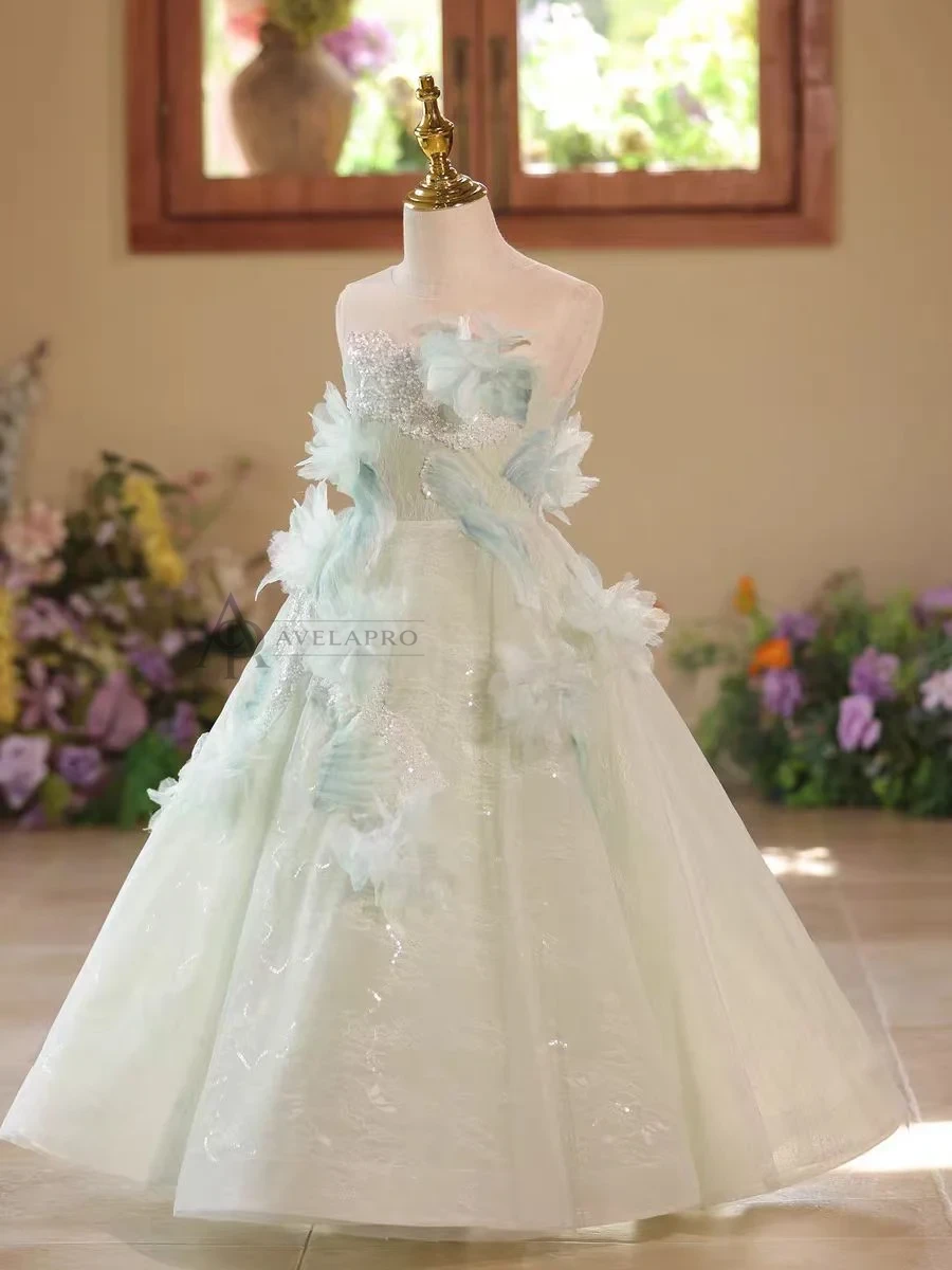 Elegant Mint Green Princess Dress with Floral Details and Sparkling Tulle