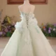 Elegant Mint Green Princess Dress with Floral Details and Sparkling Tulle
