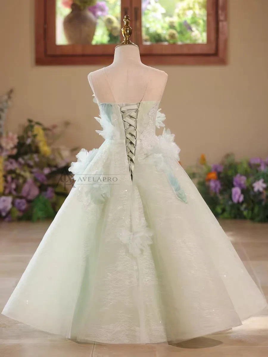 Elegant Mint Green Princess Dress with Floral Details and Sparkling Tulle