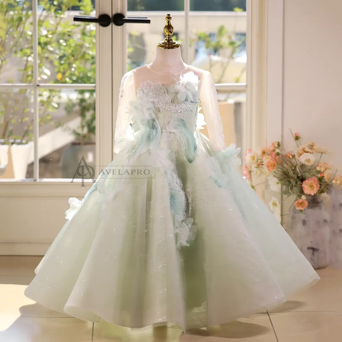 Elegant Mint Green Princess Dress with Floral Details and Sparkling Tulle