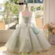 Elegant Mint Green Princess Dress with Floral Details and Sparkling Tulle