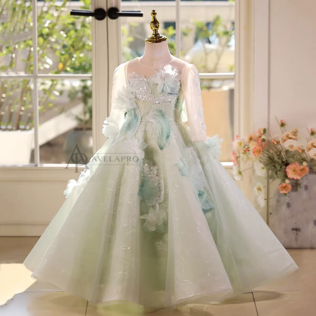 Elegant Mint Green Princess Dress with Floral Details and Sparkling Tulle