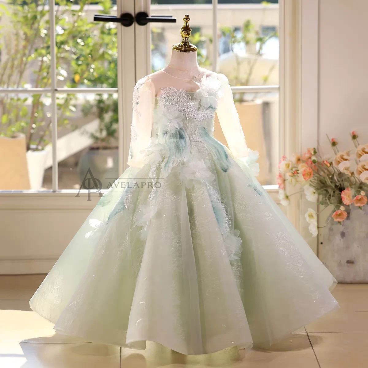 Elegant Mint Green Princess Dress with Floral Details and Sparkling Tulle
