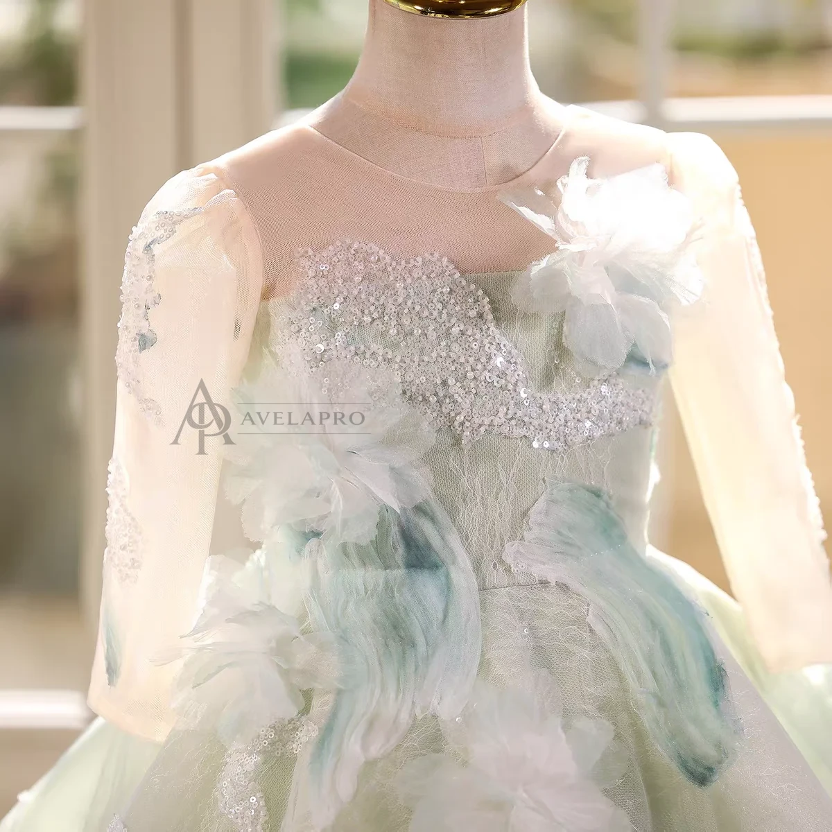 Elegant Mint Green Princess Dress with Floral Details and Sparkling Tulle