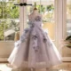 Elegant Mint Green Princess Dress with Floral Details and Sparkling Tulle