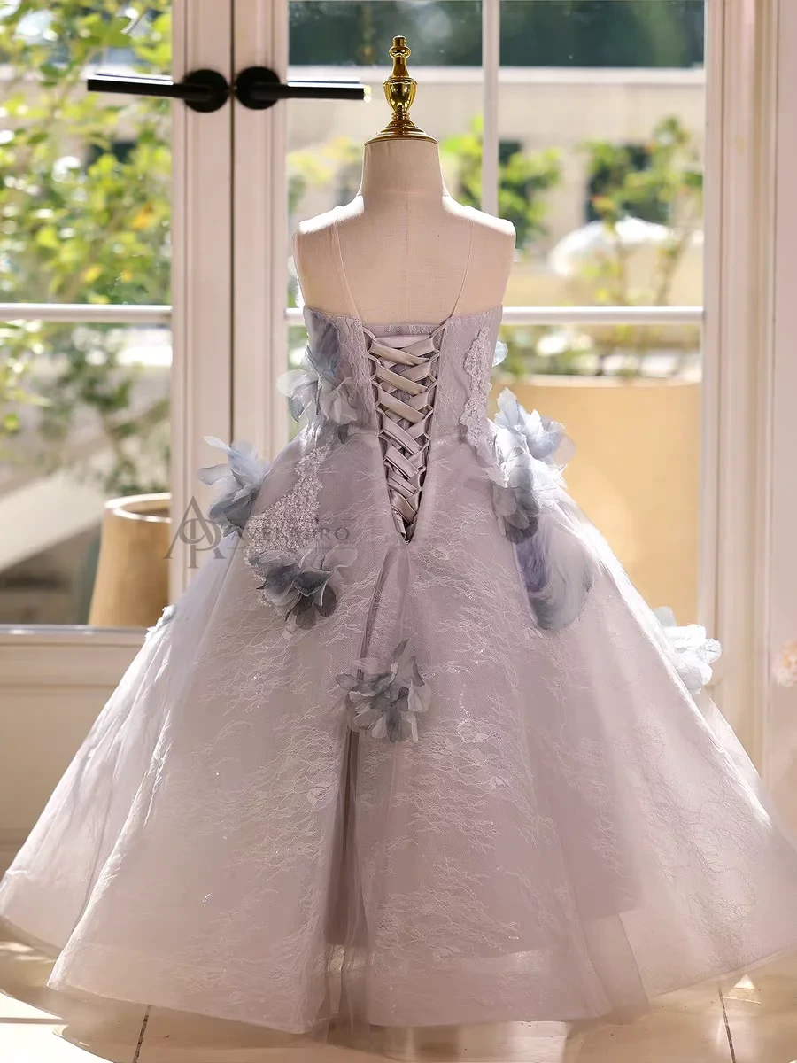 Elegant Mint Green Princess Dress with Floral Details and Sparkling Tulle