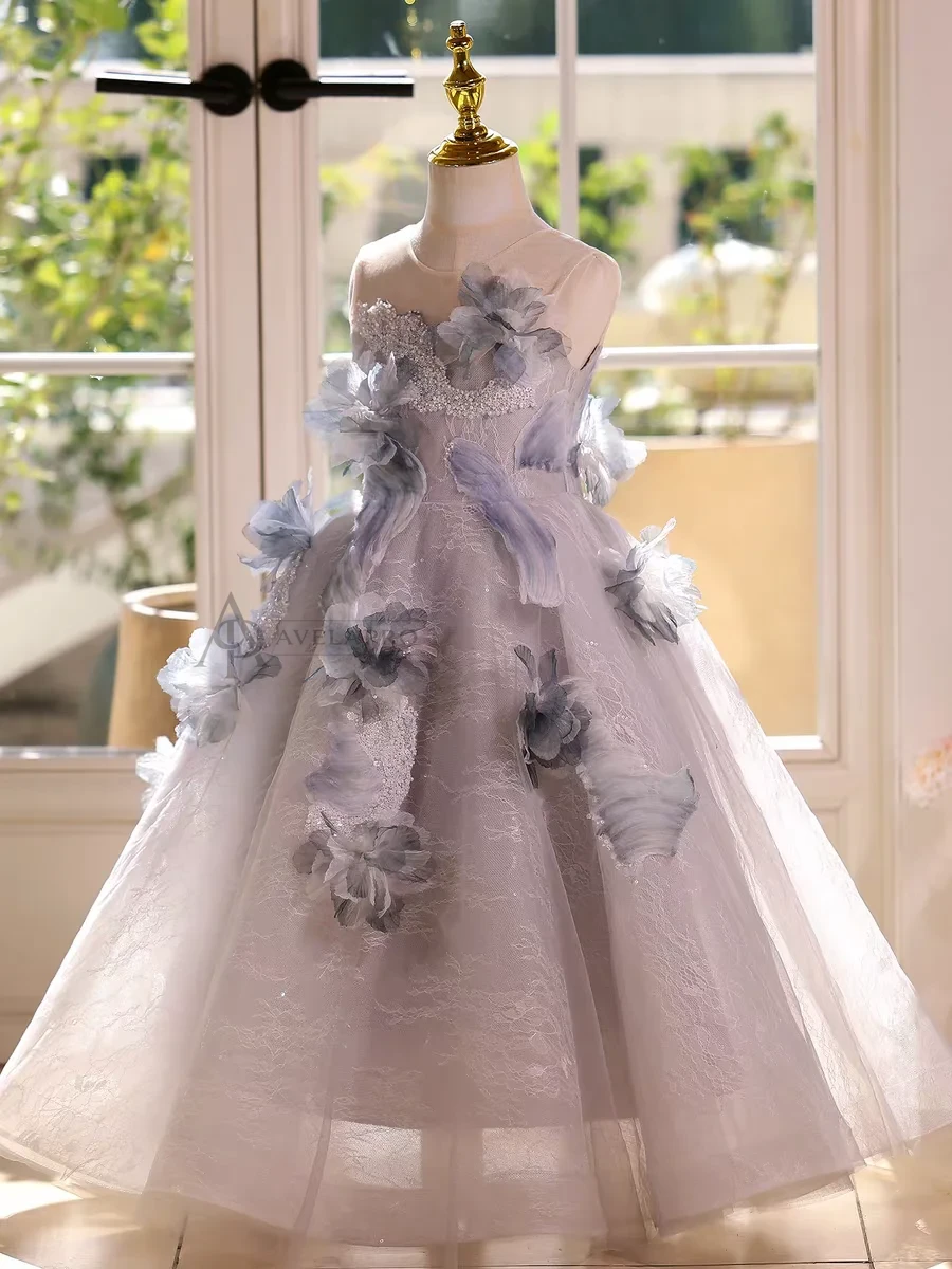 Elegant Mint Green Princess Dress with Floral Details and Sparkling Tulle