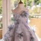 Elegant Mint Green Princess Dress with Floral Details and Sparkling Tulle