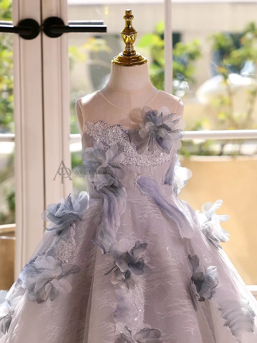 Elegant Mint Green Princess Dress with Floral Details and Sparkling Tulle