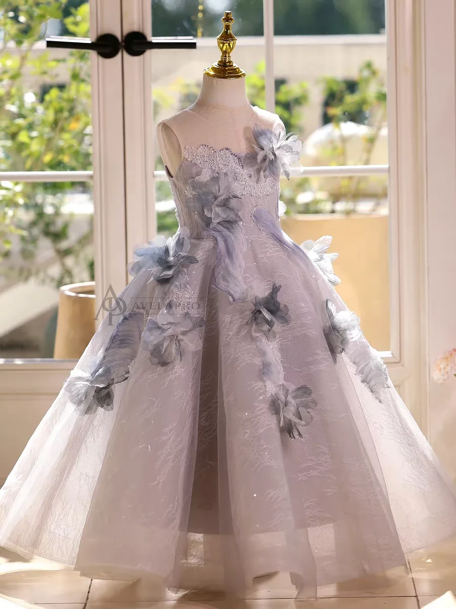 Elegant Mint Green Princess Dress with Floral Details and Sparkling Tulle