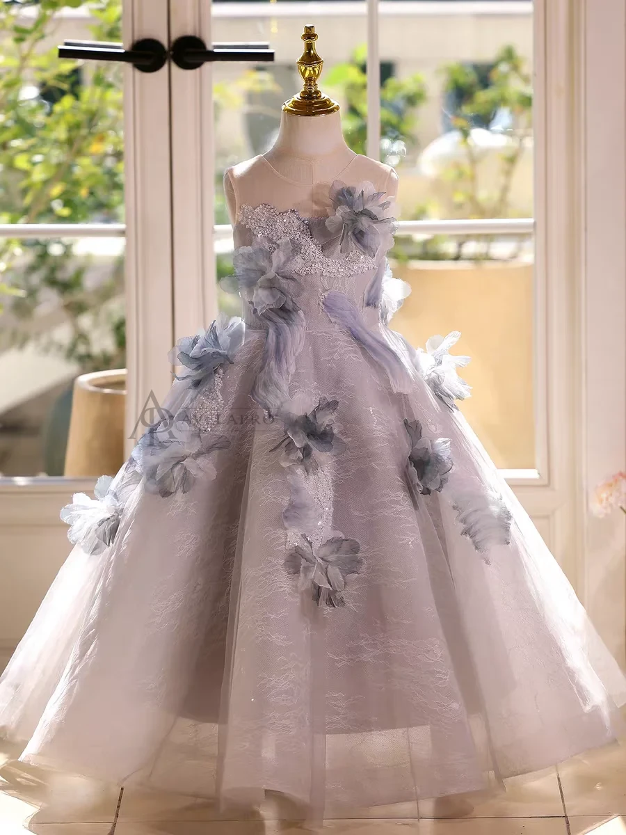 Elegant Mint Green Princess Dress with Floral Details and Sparkling Tulle