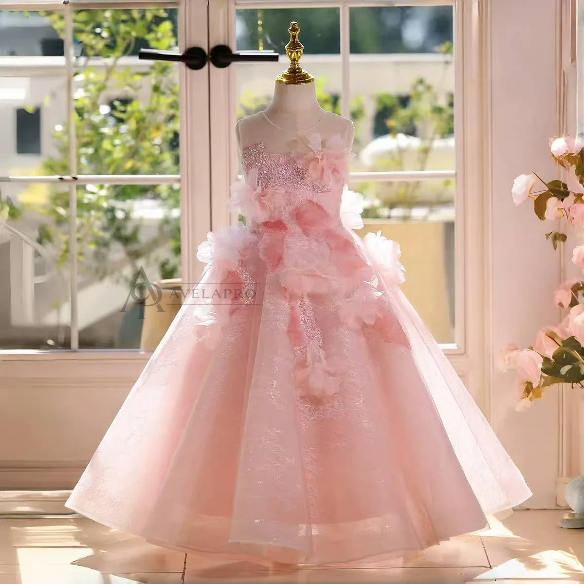 Elegant Mint Green Princess Dress with Floral Details and Sparkling Tulle