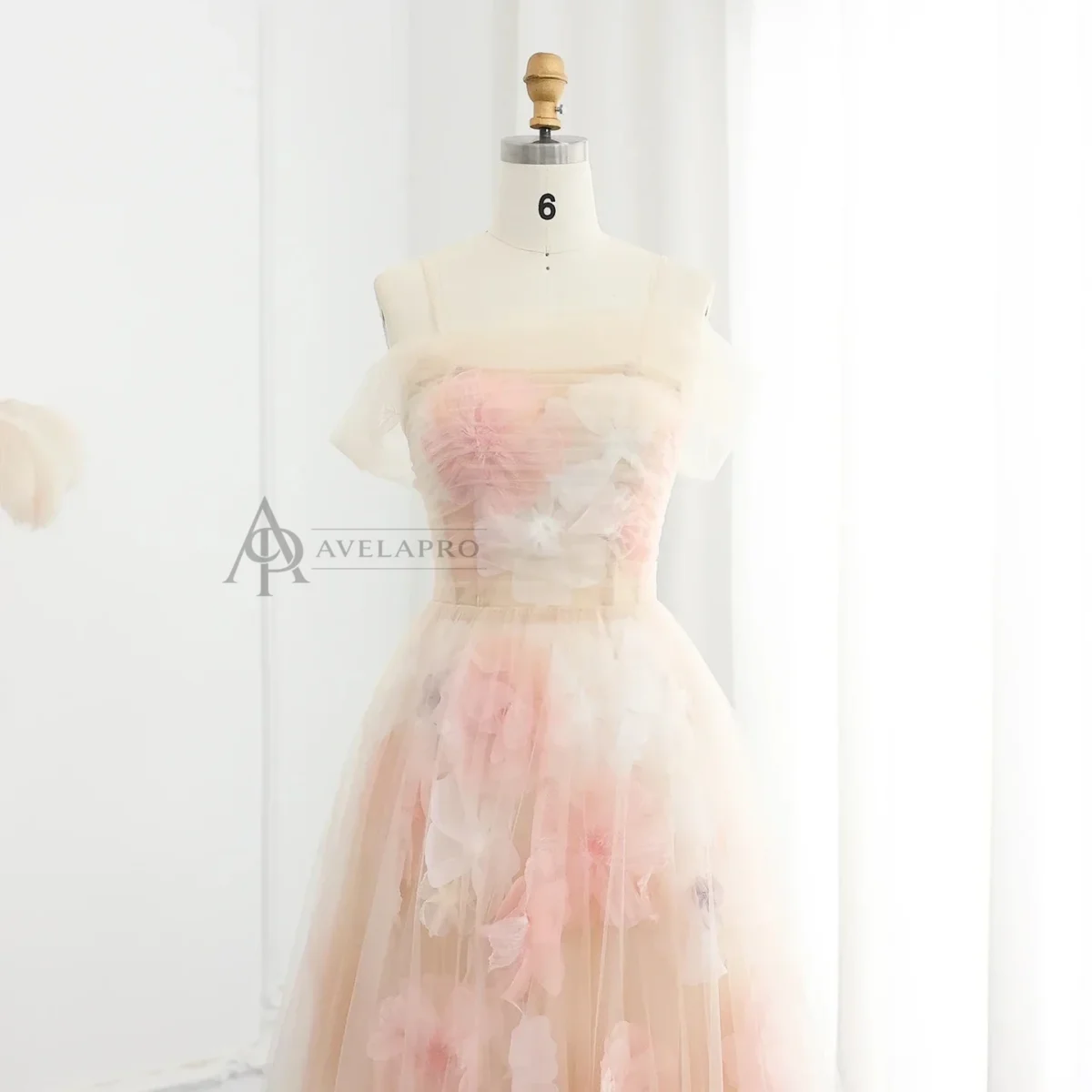 Elegant Off Shoulder Pink 3D Flowers Champagne Evening Dress Arabic