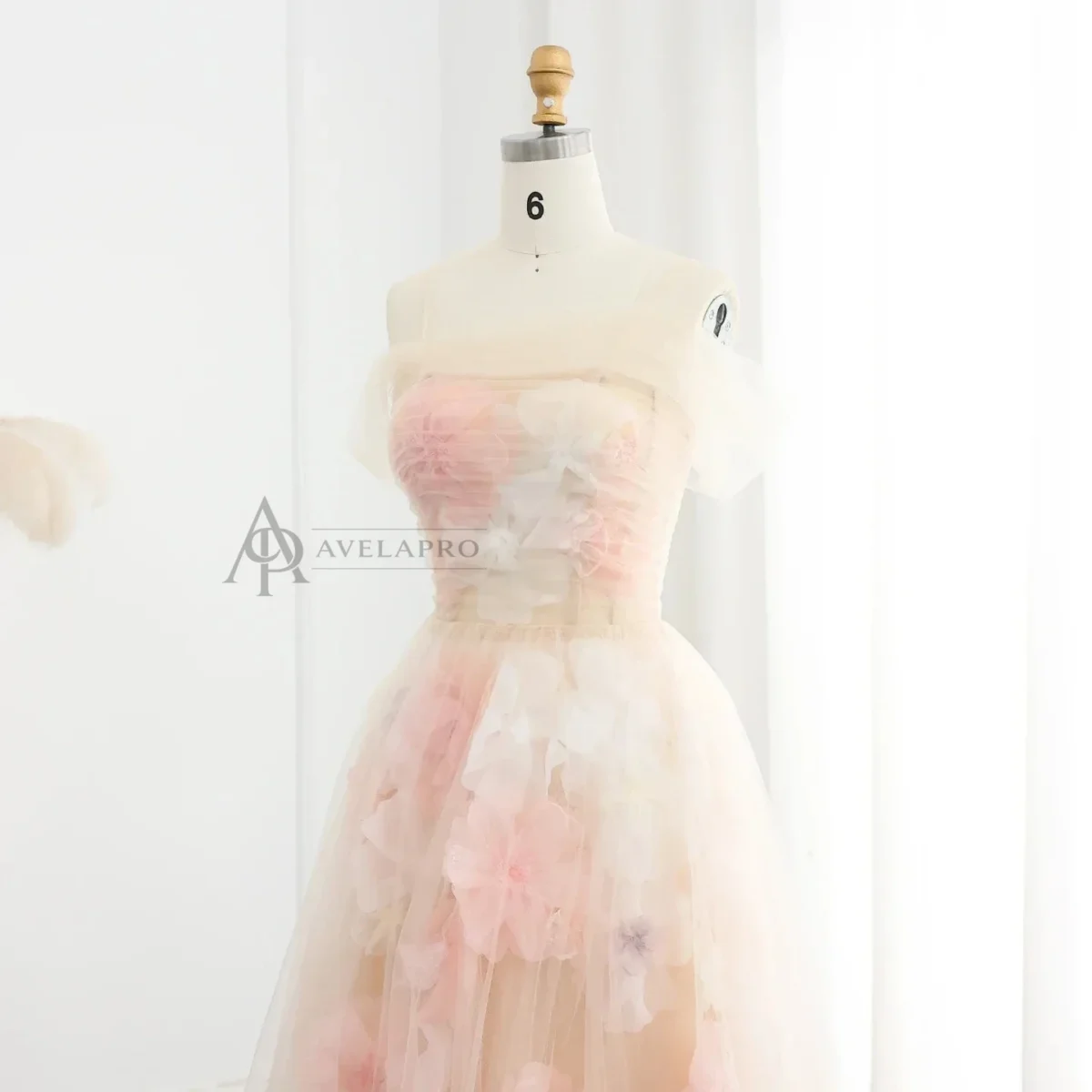 Elegant Off Shoulder Pink 3D Flowers Champagne Evening Dress Arabic