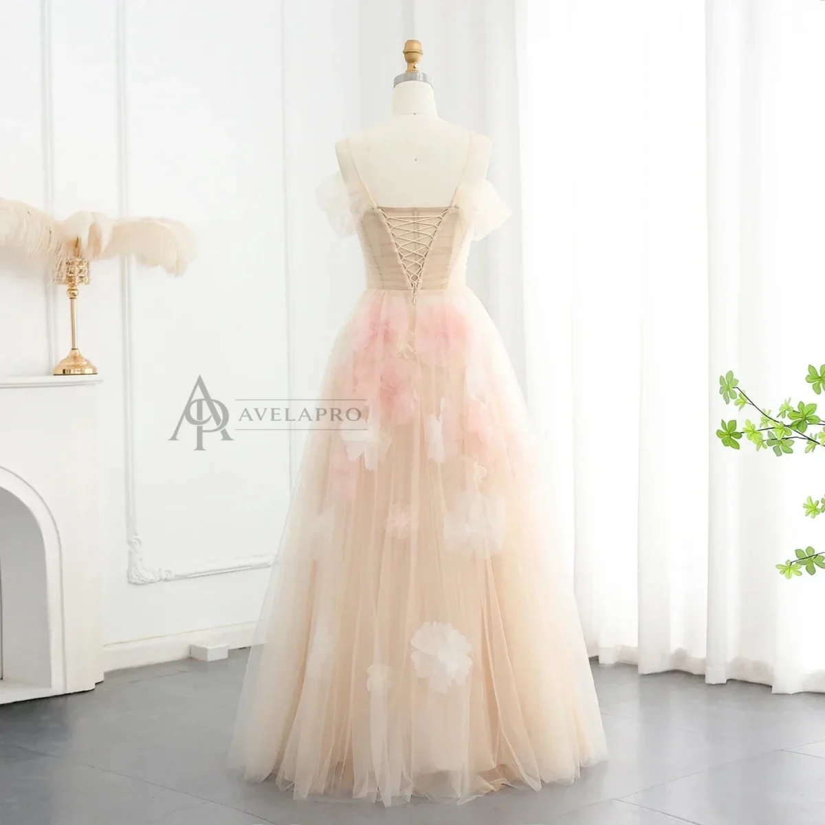 Elegant Off Shoulder Pink 3D Flowers Champagne Evening Dress Arabic