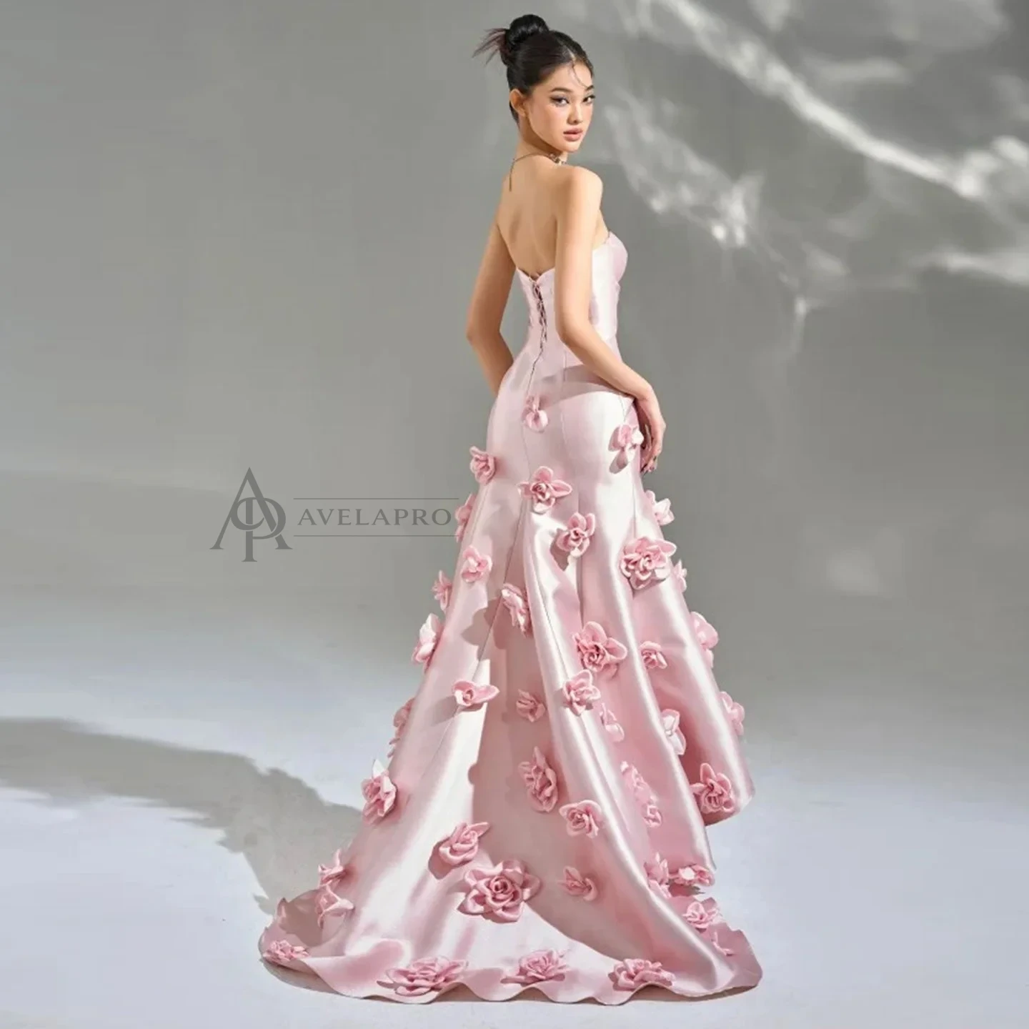 Elegant Pink 3D Flowers Strapless Evening Dress