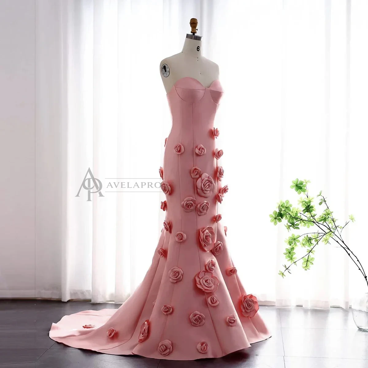 Elegant Pink 3D Flowers Strapless Evening Dress