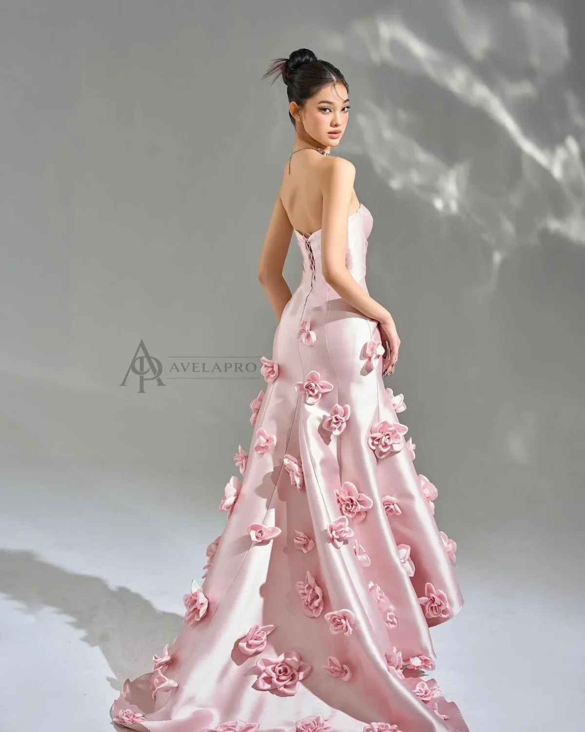 Elegant Pink 3D Flowers Strapless Evening Dress