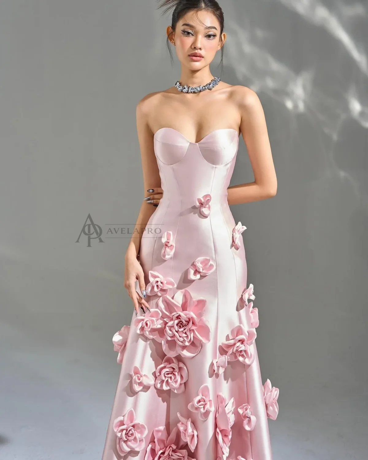 Elegant Pink 3D Flowers Strapless Evening Dress