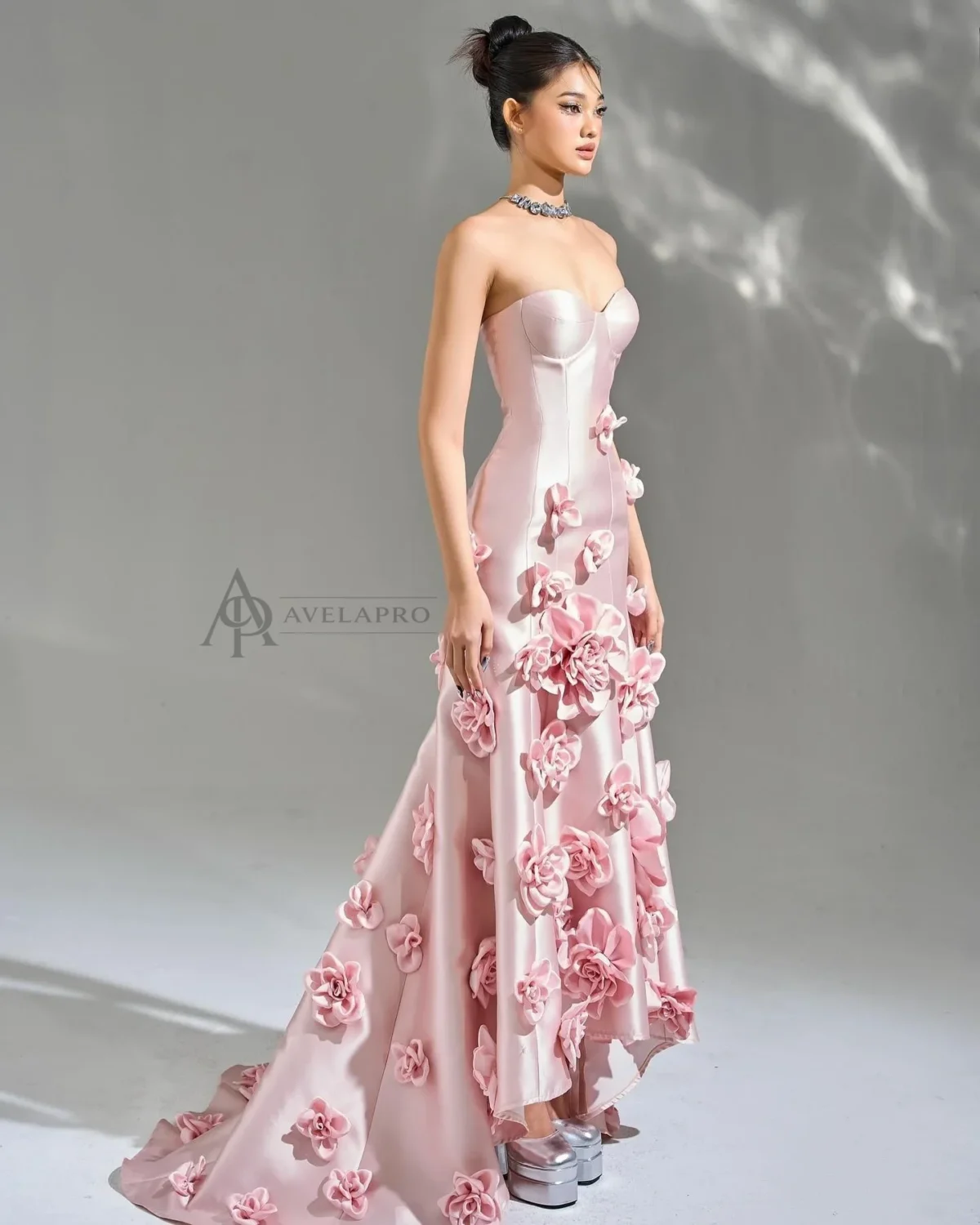 Elegant Pink 3D Flowers Strapless Evening Dress