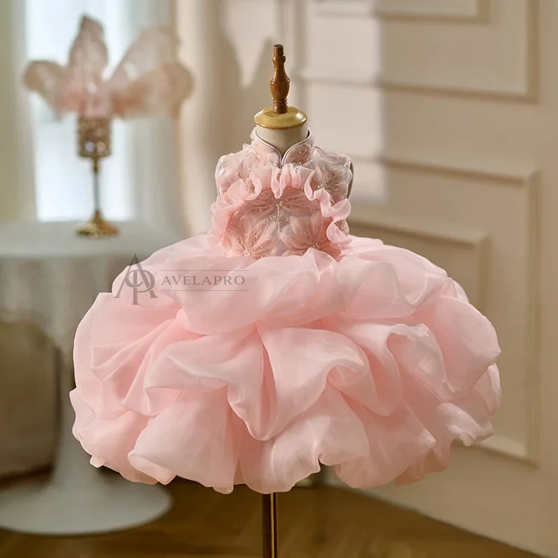 Elegant Pink Flower Girl Dress Kids Princess Birthday Gown