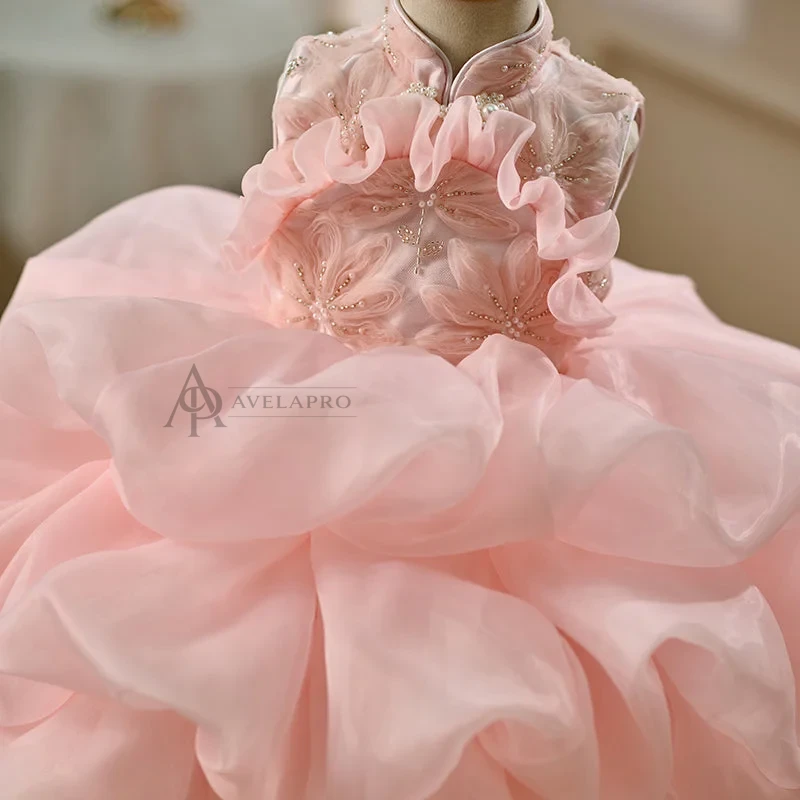 Elegant Pink Flower Girl Dress Kids Princess Birthday Gown