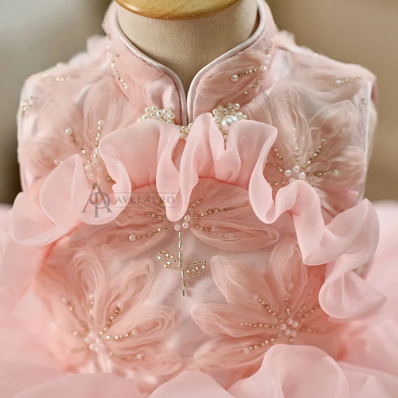 Elegant Pink Flower Girl Dress Kids Princess Birthday Gown