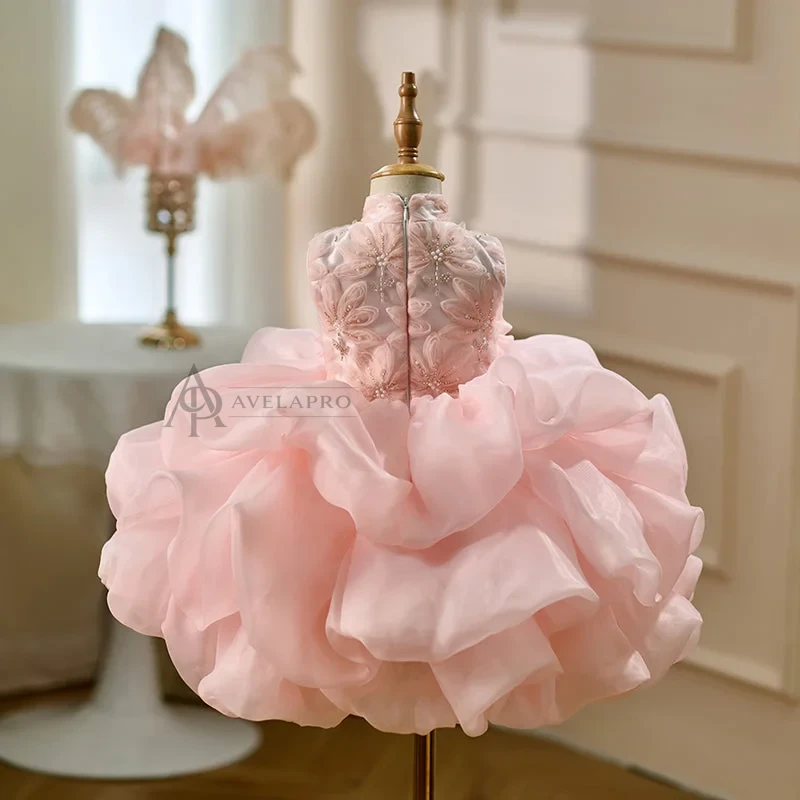 Elegant Pink Flower Girl Dress Kids Princess Birthday Gown