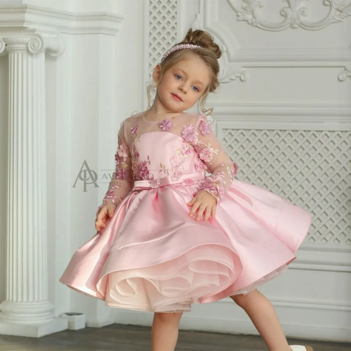 Elegant Pink Girl Bridesmaides Dress Full Sleeve for Princess