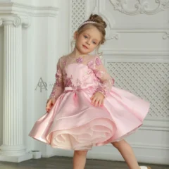 Elegant Pink Girl Bridesmaides Dress Full Sleeve for Princess