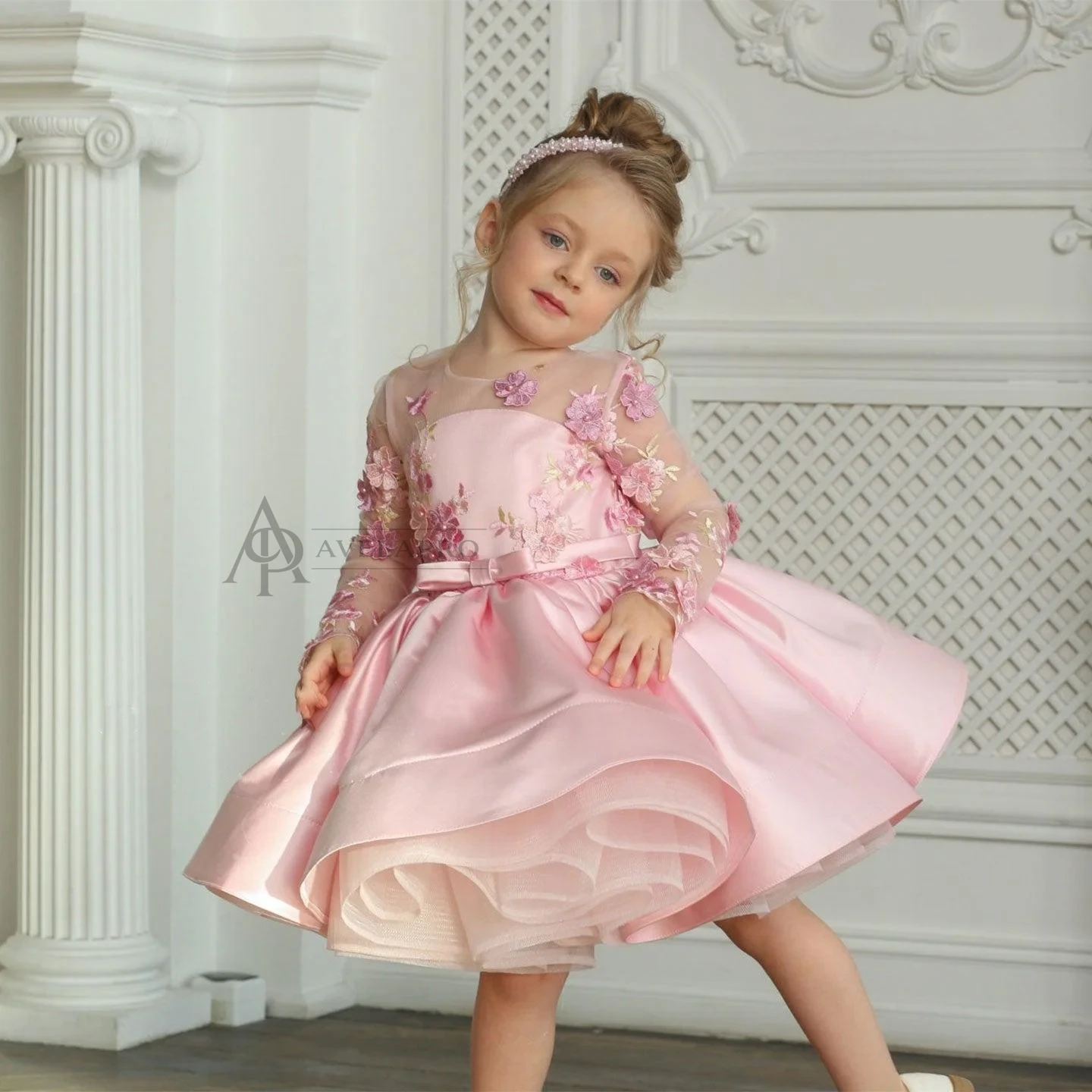 Elegant Pink Girl Bridesmaides Dress Full Sleeve for Princess
