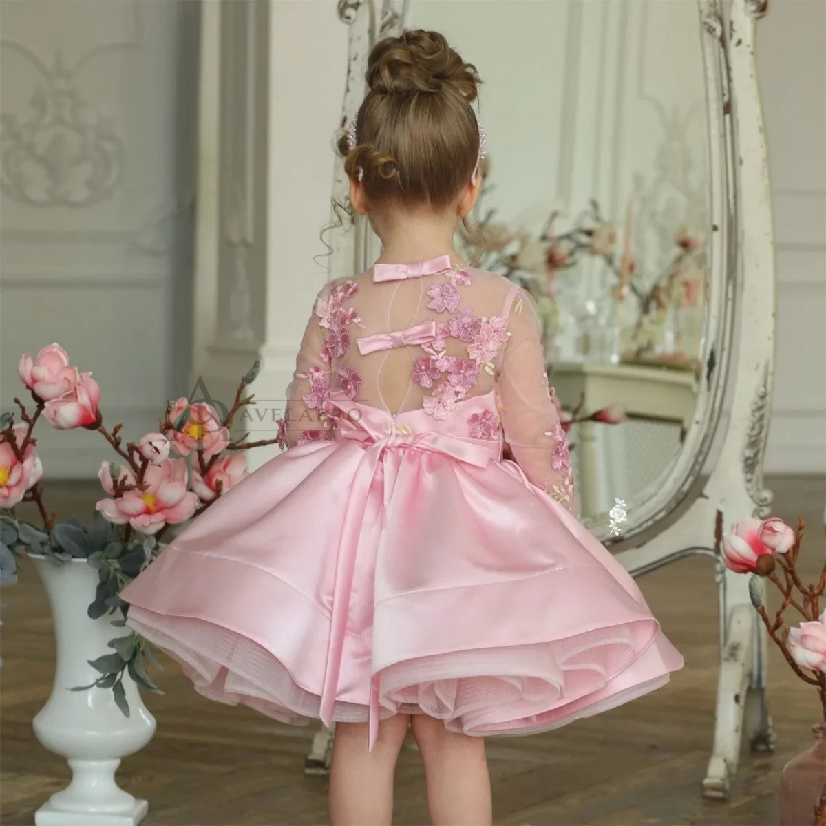 Elegant Pink Girl Bridesmaides Dress Full Sleeve for Princess