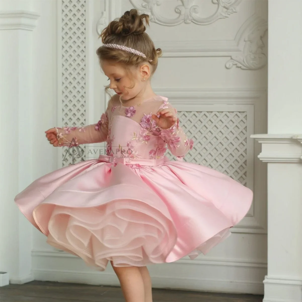 Elegant Pink Girl Bridesmaides Dress Full Sleeve for Princess