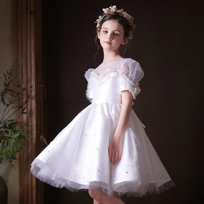 Elegant White Beaded Birthday Girl Dress with Pearls
