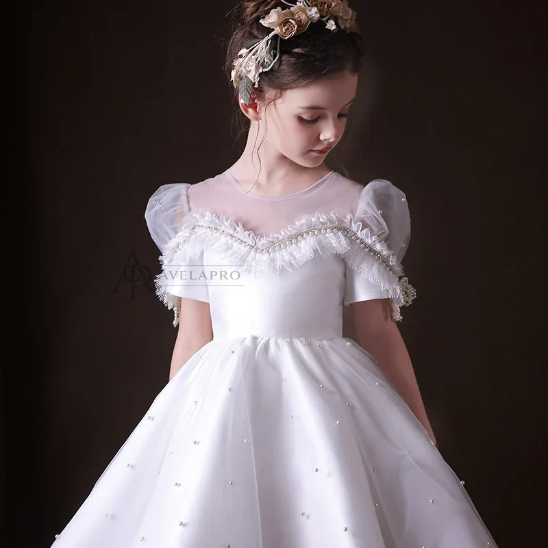 Elegant White Beaded Birthday Girl Dress with Pearls