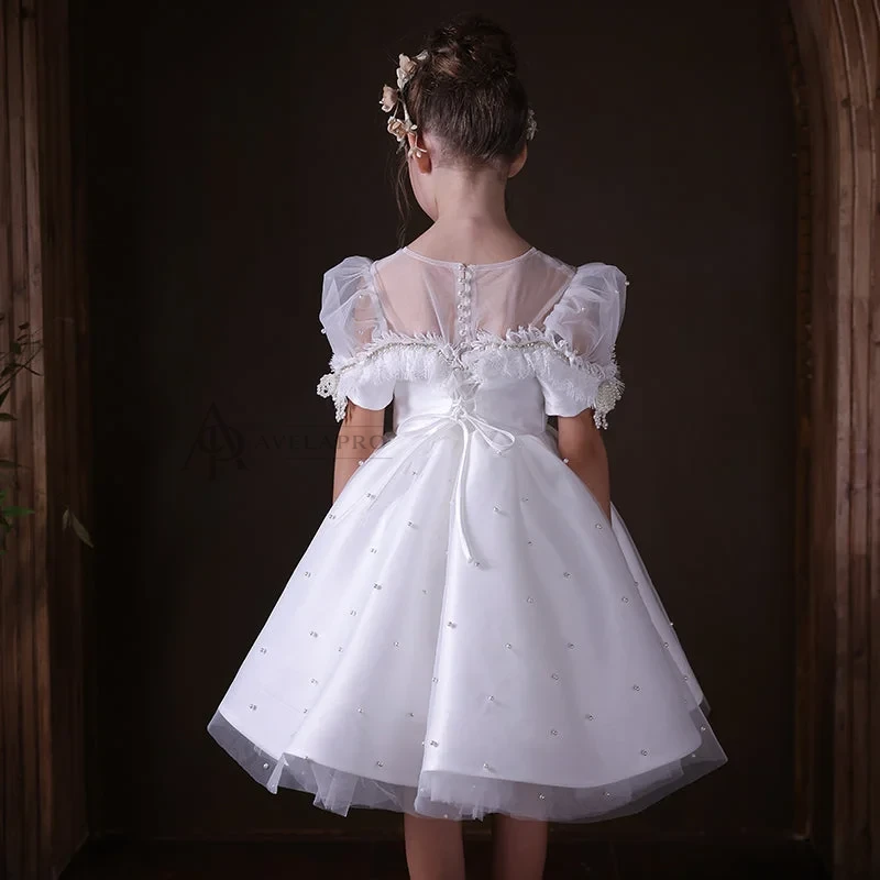 Elegant White Beaded Birthday Girl Dress with Pearls