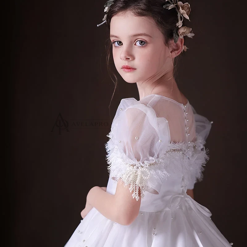 Elegant White Beaded Birthday Girl Dress with Pearls